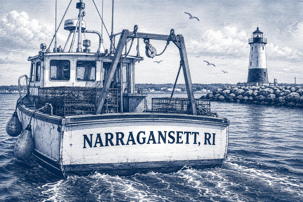 Narragansett Boat Accident Lawyer illustration featuring a commercial fishing vessel marked Narragansett, RI near Point Judith Lighthouse and the Harbor of Refuge in Galilee, RI