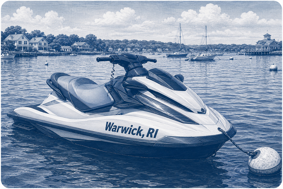 Warwick Boat Accident Lawyer illustration featuring a jet ski marked Warwick, RI on Greenwich Bay near Warwick marinas and recreational boating traffic