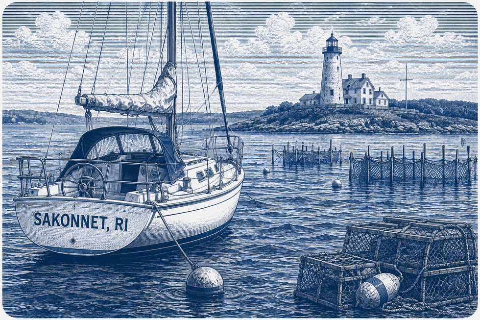 Sakonnet Boat Accident Lawyer illustration featuring a sailboat marked Sakonnet, RI near Sakonnet Point Lighthouse, Tiverton, fish traps, and Rhode Island coastal waters