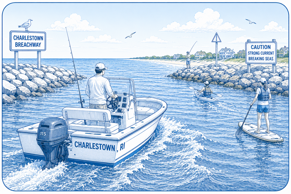 Charlestown Boat Accident Lawyer illustration featuring a skiff marked Charlestown, RI navigating the Charlestown Breachway among kayakers, paddleboarders, rocky jetties and strong tidal currents