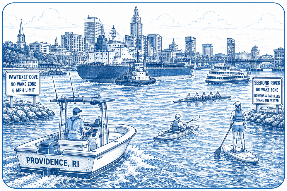 Providence Boat Accident Lawyer illustration featuring a skiff marked Providence, RI navigating the Providence River among commercial ships, tugboats, ferries, rowers and paddlecraft