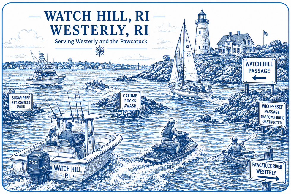Watch Hill Boat Accident Lawyer illustration featuring Watch Hill Passage, Sugar Reef, Catumb Rocks, the Pawcatuck River and recreational boat traffic near Westerly, Rhode Island