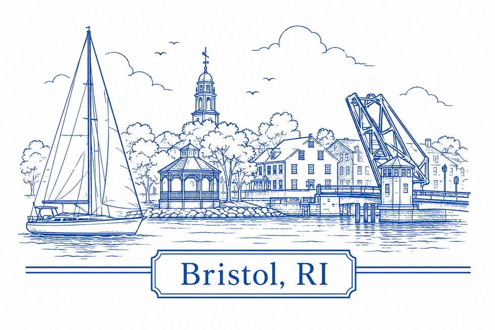 Bristol Boat Accident Lawyer illustration featuring Bristol Harbor, sailboats, East Bay boating traffic and waterfront landmarks in Bristol, Rhode Island