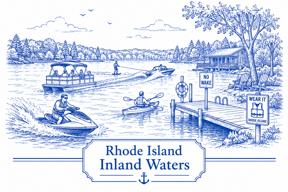 Rhode Island Inland Boating Accident Lawyer illustration showing jet skis, pontoon boats, kayaking, docks and recreational boating on Rhode Island lakes and inland waters