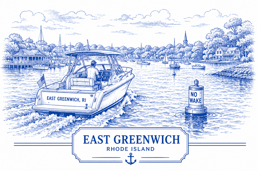 East Greenwich Boat Accident Lawyer illustration showing a powerboat navigating Greenwich Cove past no-wake markers, sailboats and the East Greenwich waterfront