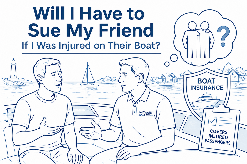 Will I Have to Sue My Friend After a Boat Accident illustration showing an injured passenger discussing a boating injury claim and boat insurance coverage