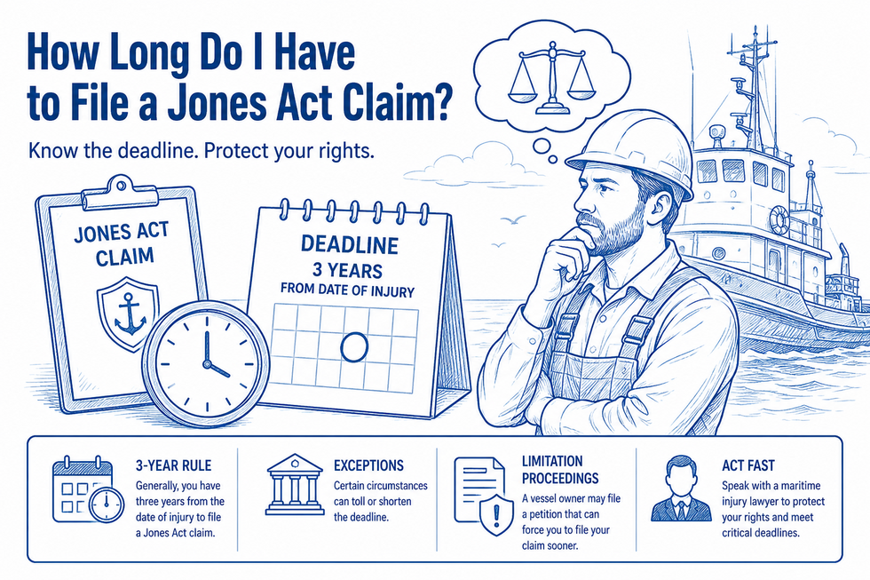 How Long Do I Have to File a Jones Act Claim illustration showing a maritime worker, tugboat, legal deadline calendar, and Jones Act filing requirements for injured seamen
