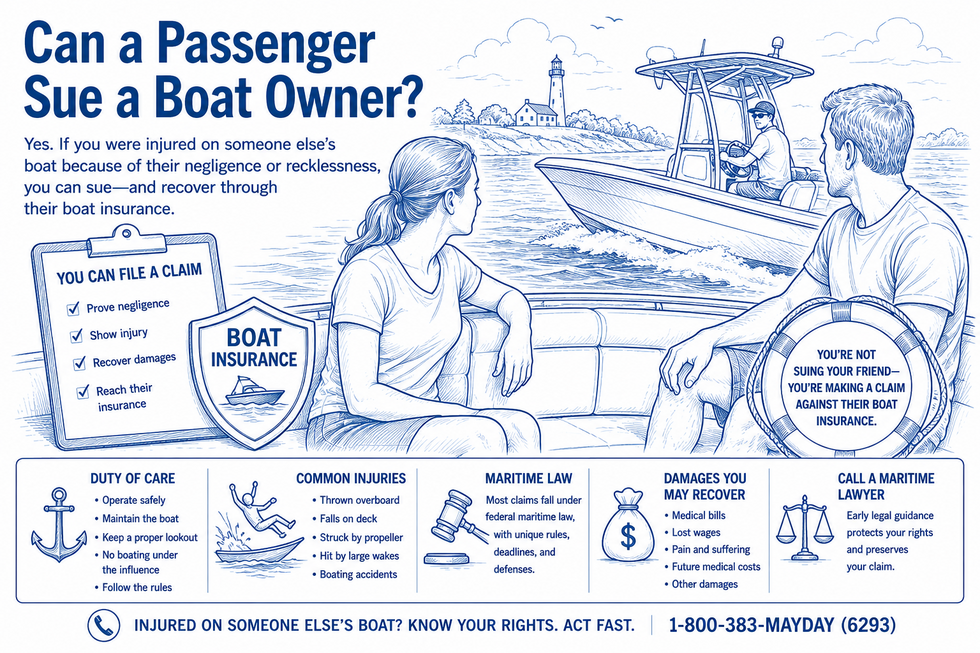 Can a Passenger Sue a Boat Owner illustration showing an injured passenger, boat owner liability, boat insurance coverage, and maritime injury claims