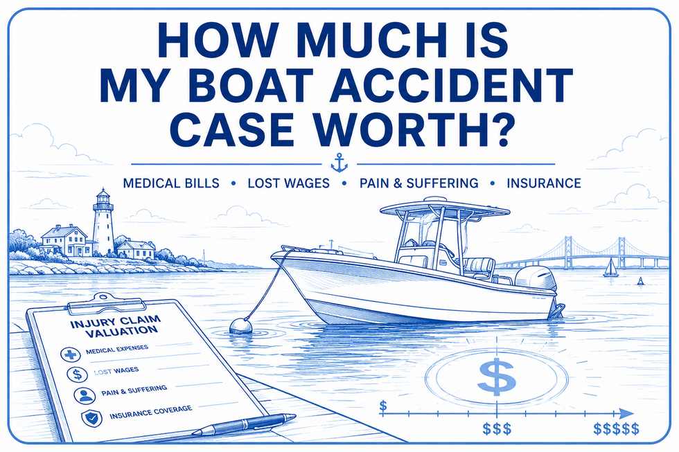 How Much Is My Boat Accident Case Worth illustration showing boat injury claim valuation, medical expenses, lost wages, pain and suffering, and boat insurance coverage