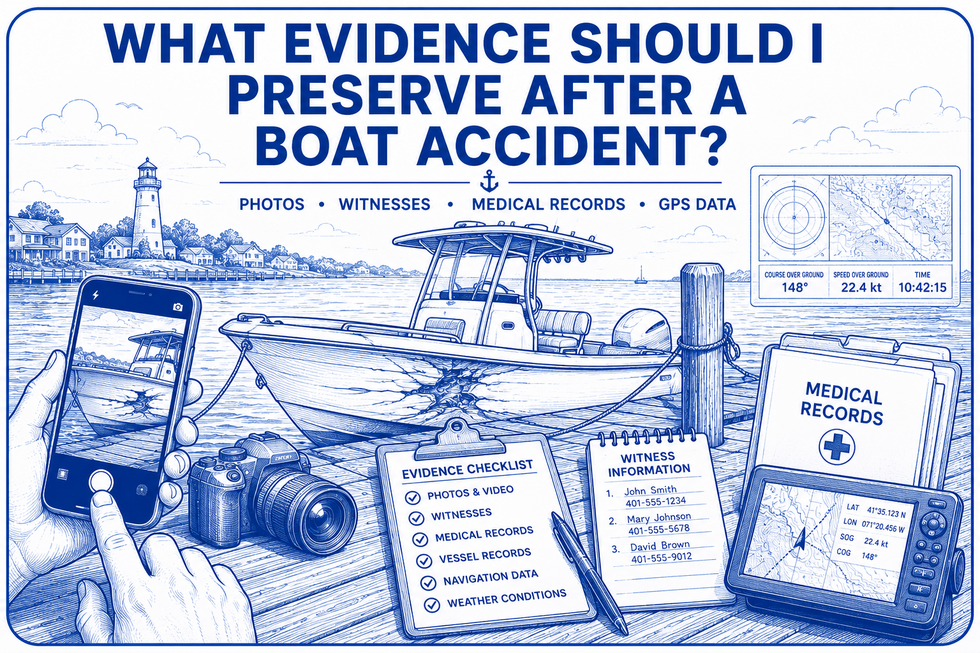 What Evidence Should I Preserve After a Boat Accident illustration showing photographs, witness information, medical records, GPS data, and evidence preservation after a boating accident