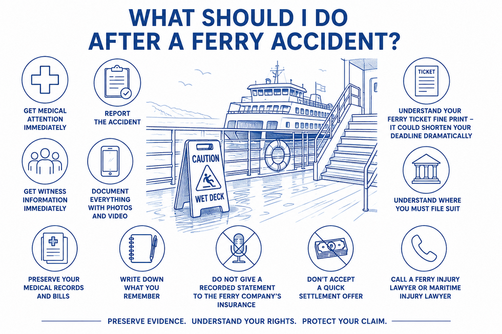 Blue line illustration showing what to do after a ferry accident, including medical care, preserving evidence, witness information, ferry ticket deadlines, and protecting your legal rights.