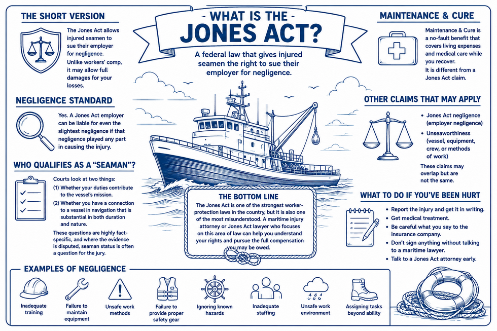 Blue line infographic explaining the Jones Act for injured seamen, including negligence, seaman status, Maintenance and Cure, unseaworthiness, and steps to take after a vessel injury.