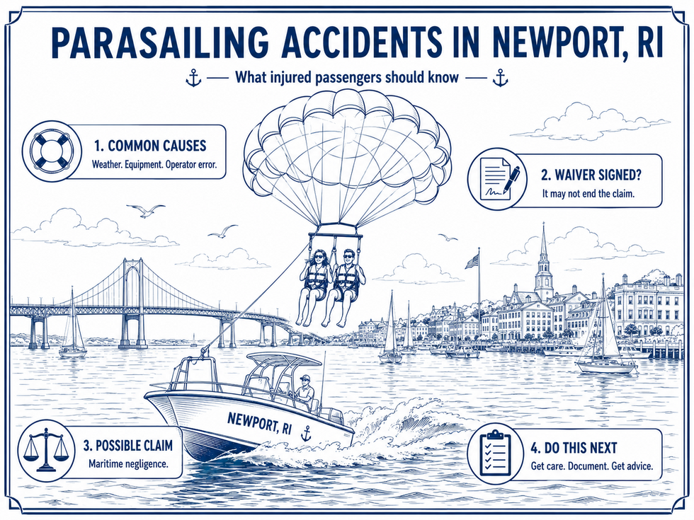 Blue line illustration of a parasailing boat in Newport Harbor with the Newport Bridge and waterfront in the background, explaining key issues after a Newport, RI parasailing accident.