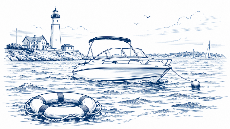 Blue line illustration of a motorboat on coastal waters near a lighthouse with a life ring in the foreground, representing maritime wrongful death and boating death claims.