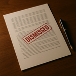 A legal document stamped “DISMISSED” in red ink, symbolizing a case dismissal and successful resolution.