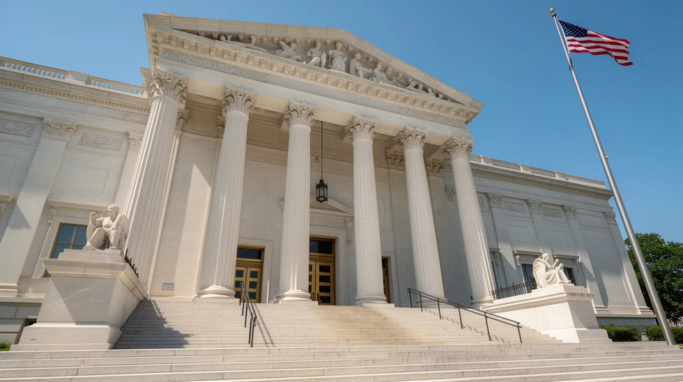 The image depicts the grand entrance of a courthouse featuring tall columns and an American flag fluttering against a clear blue sky, symbolizing the legal proceedings that take place within, including DUI cases. This courthouse is a significant location for those facing DUI charges in Los Angeles, where experienced DUI defense attorneys provide legal representation.