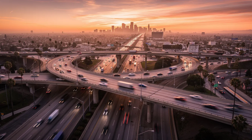 The image depicts a bustling highway interchange in Los Angeles at sunset, with multiple lanes of cars navigating the complex roadways. The vibrant hues of the sunset create a picturesque backdrop, highlighting the busy nature of Southern California's traffic, which can often lead to DUI charges for drivers.