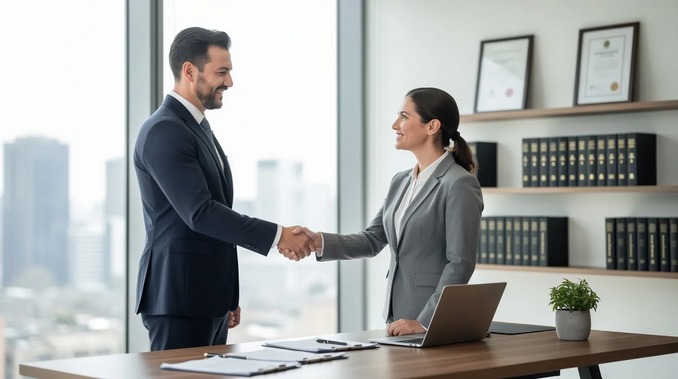 A professional attorney is shaking hands with a client in a modern law office, symbolizing a partnership in navigating legal issues related to DUI charges. The atmosphere conveys trust and professionalism, essential for anyone facing DUI offenses in Los Angeles County.
