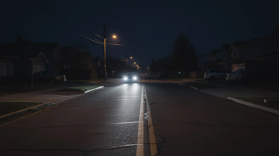 The image depicts a quiet street at night, with car headlights casting a bright glow on the asphalt, creating a serene yet slightly eerie atmosphere. This scene could evoke thoughts about the importance of safe driving and the potential consequences of DUI offenses in California, such as license suspension and criminal penalties.
