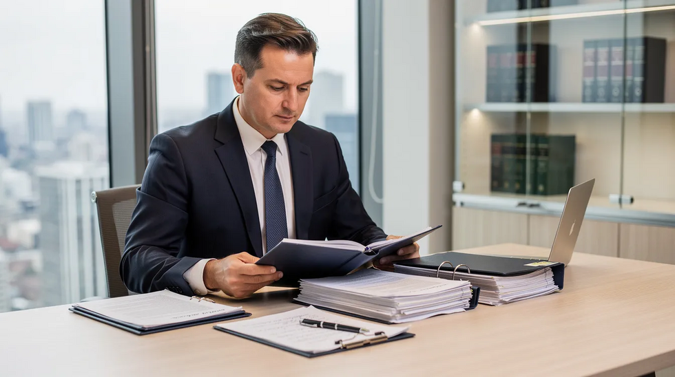 The image depicts a professional attorney sitting at a modern desk, intently reviewing case files related to DUI charges. The office environment is sleek and organized, reflecting the attorney's expertise in navigating California DUI laws and providing legal representation for first-time DUI offenders.