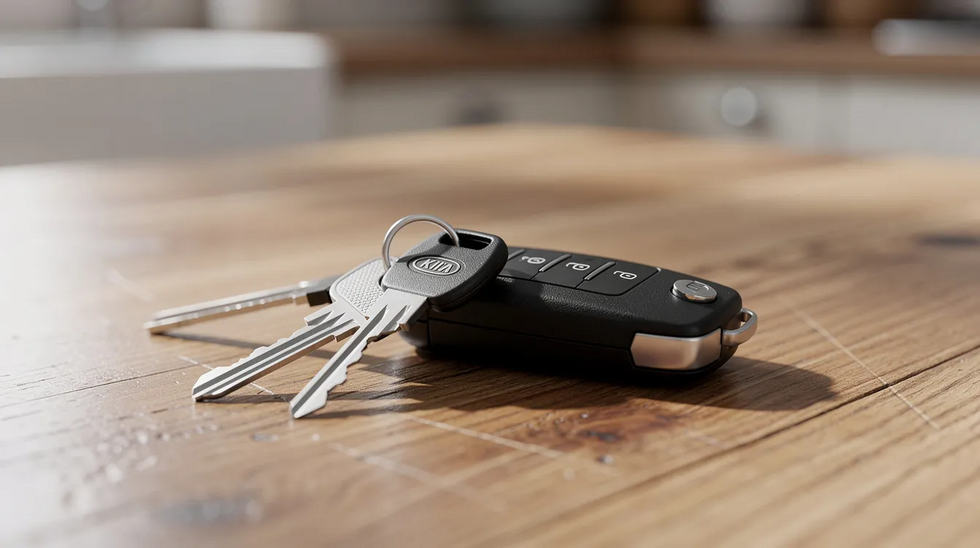 The image shows a set of car keys resting on a wooden kitchen table, symbolizing the everyday aspect of driving. It serves as a reminder of the importance of understanding California DUI laws and the potential consequences of a first offense DUI, including license suspension and criminal penalties.
