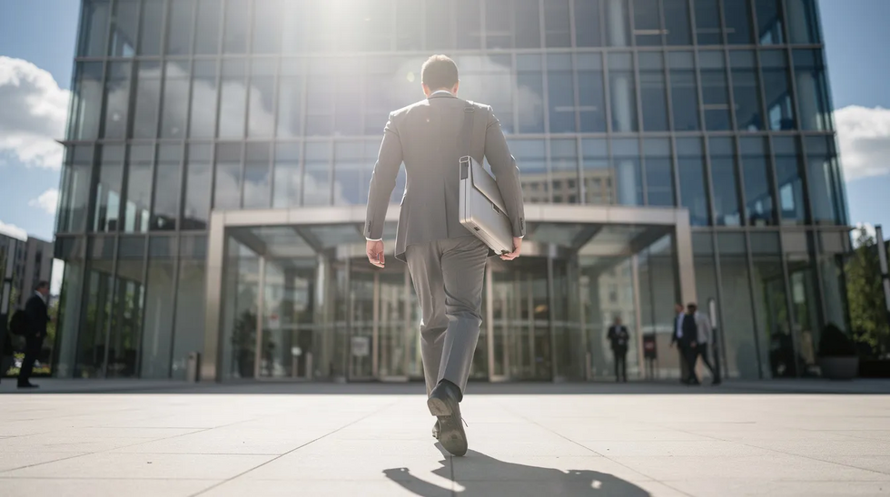 A confident person walks into a modern office building on a sunny morning, dressed in professional attire. The bright atmosphere reflects a fresh start, symbolizing opportunities that await, much like those facing first-time DUI offenders navigating the complexities of California DUI laws.