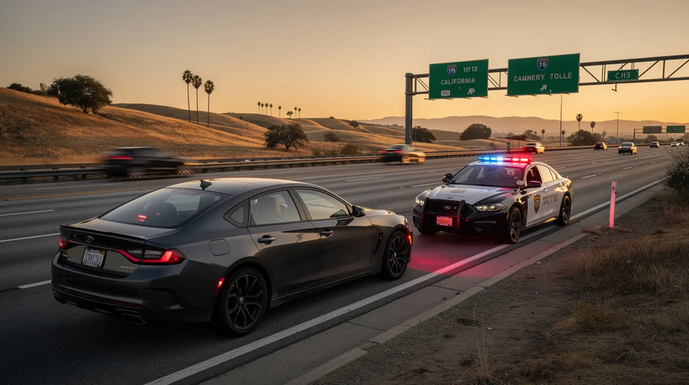 The image shows a car pulled over on a California highway with a police car beside it, lights flashing. This scene may indicate a DUI arrest, which can lead to serious consequences such as a driver's license suspension and the need for legal representation to navigate the DMV hearing process.