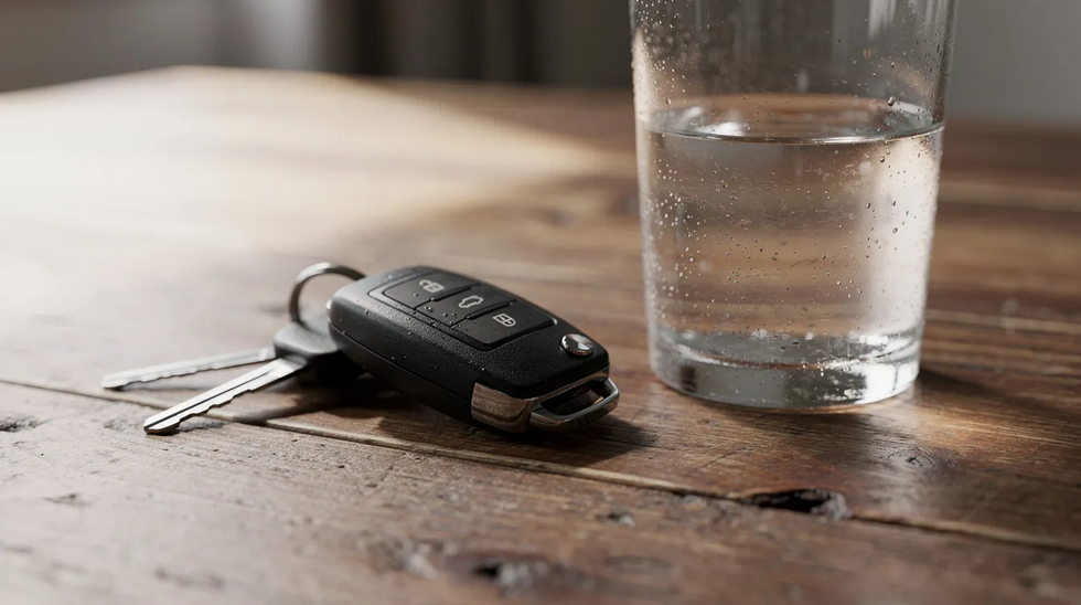 The image shows a set of car keys resting on a wooden table beside a glass of water, symbolizing the importance of responsible driving and the potential consequences of a DUI arrest, including license suspension and the need for legal representation.