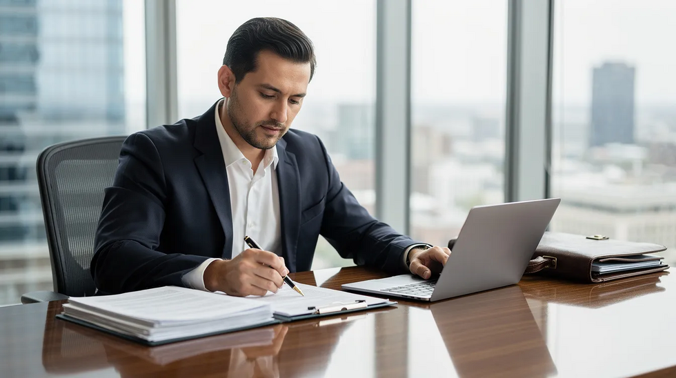An experienced attorney is seated at a modern desk, intently reviewing documents related to a DUI case, which may involve issues such as driver's license suspension and DMV hearings. The office environment is sleek and professional, reflecting the serious nature of legal representation in matters of driving under the influence.