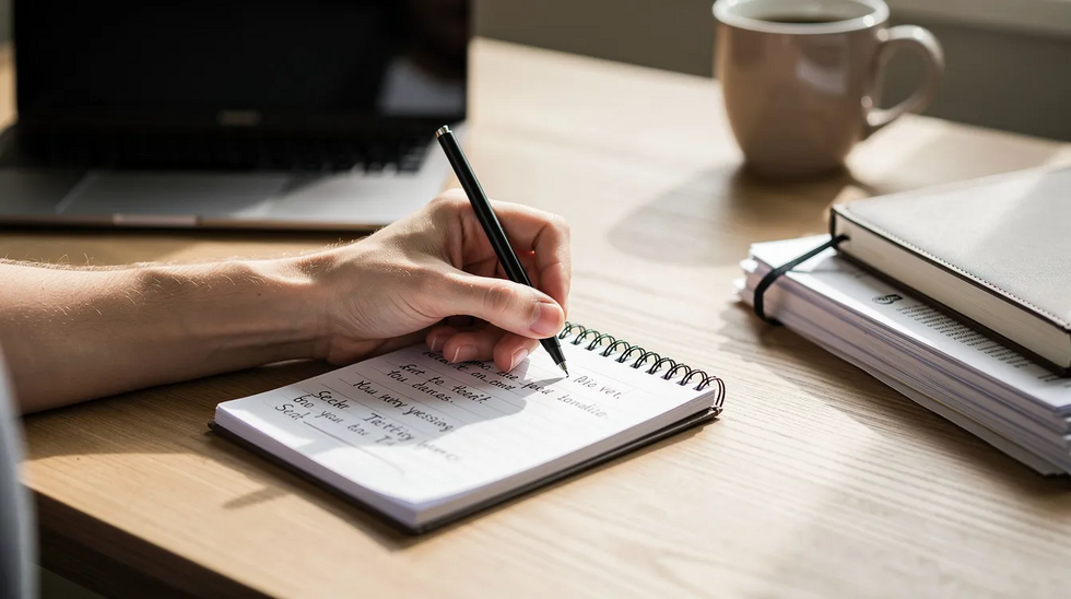 The image shows a person sitting at a desk, focused on writing notes in a notepad, possibly preparing for a DMV hearing related to a driver's license suspension. The workspace is organized, with a few documents and a pen visible, highlighting the importance of legal representation in matters such as DUI charges and driving privileges.