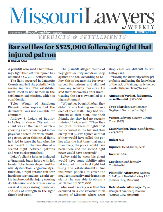 Kansas City, Missouri Lawyers - Bar settles for 525,000 following fight