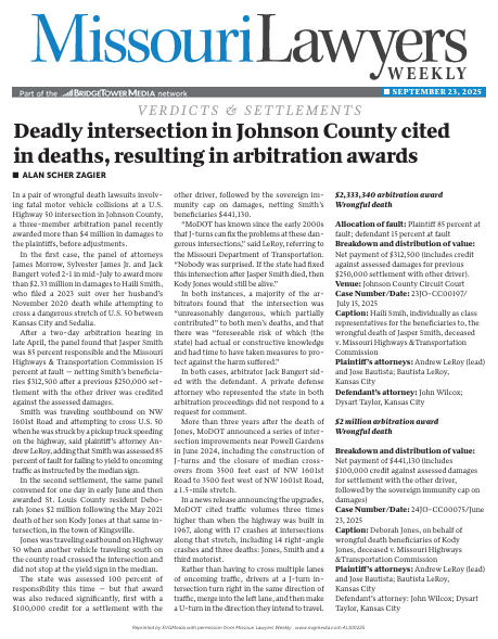 Missouri Lawyer - 4 Million Arbitration Award Wrongful Death