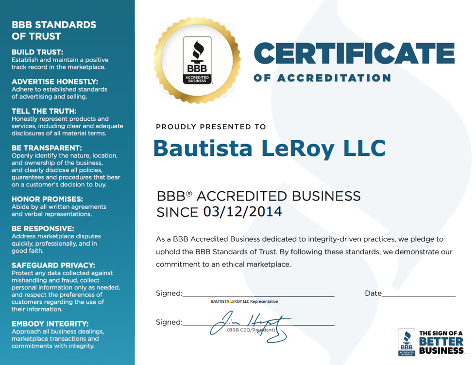 Bautista LeRoy Celebrates 12 Years of Better Business Bureau BBB Accreditation