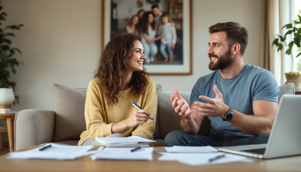 A couple is engaged in a calm discussion about their uncontested divorce, emphasizing the collaborative nature of the divorce process as they review divorce papers and agree on child custody and property division. This scene reflects a positive approach to navigating the legal requirements of divorce in Texas.