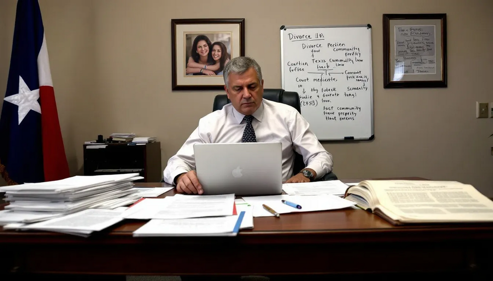 A person sits at a desk cluttered with legal documents, including a divorce petition and divorce papers, while seeking advice on the divorce process in Texas. The image highlights the complexities involved in filing for divorce, such as child custody, community property, and the mediation process.