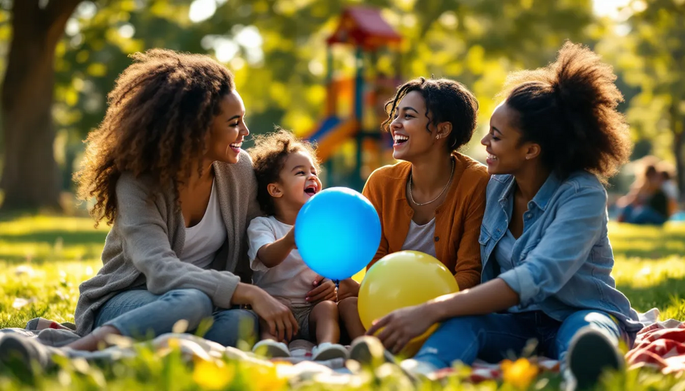 A diverse family with LGBTQ parents enjoying a day at the park, representing LGBTQ parental rights in Texas.