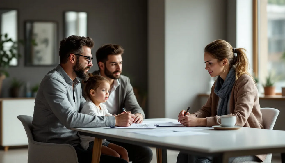An LGBTQ family discussing custody rights with a family law attorney, highlighting the challenges faced by LGBTQ parents.