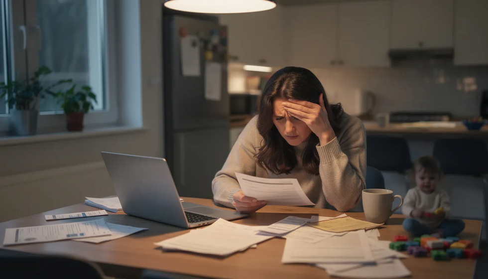 A worried parent sits at a kitchen table cluttered with papers, looking concerned about their child's safety while a child plays safely in the background. This scene reflects the emotional turmoil often faced during a cps investigation, highlighting the importance of legal representation and parental rights in child protective services matters.