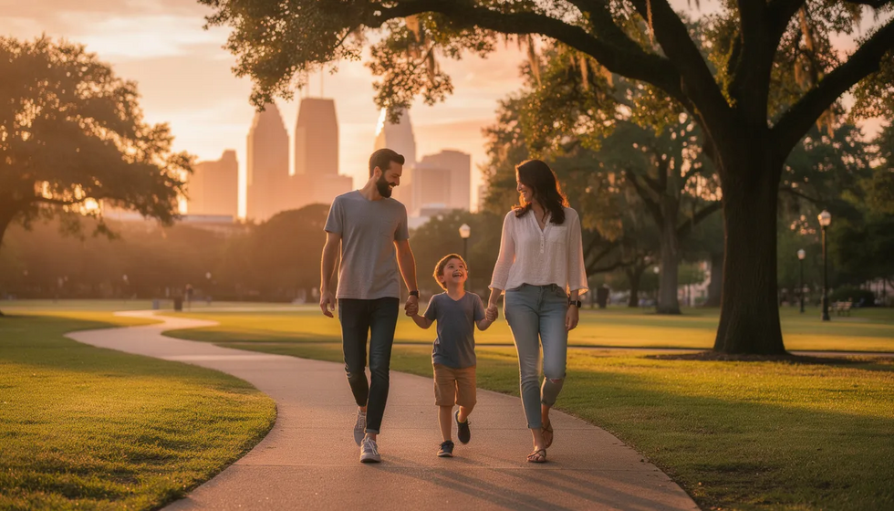 A hopeful family strolls together through a Houston park at sunset, symbolizing unity and a safe, stable environment. The image captures the warmth of their bond, reflecting the importance of family in navigating challenges such as child protective services and CPS investigations.