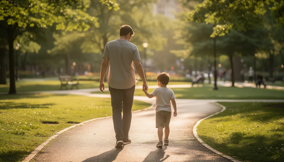 A parent and child are walking hand in hand through a park, enjoying their time together. This heartwarming scene highlights the importance of child visitation and the nurturing relationship that can exist between a custodial and non-custodial parent in child custody matters.