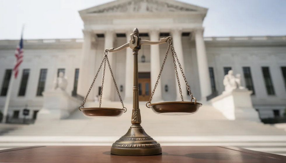 The image depicts the scales of justice prominently displayed in front of a courthouse, symbolizing the legal processes involved in child custody matters. This setting represents the importance of legal assistance in navigating child custody cases, ensuring the child's best interest is prioritized in custody arrangements and visitation rights.
