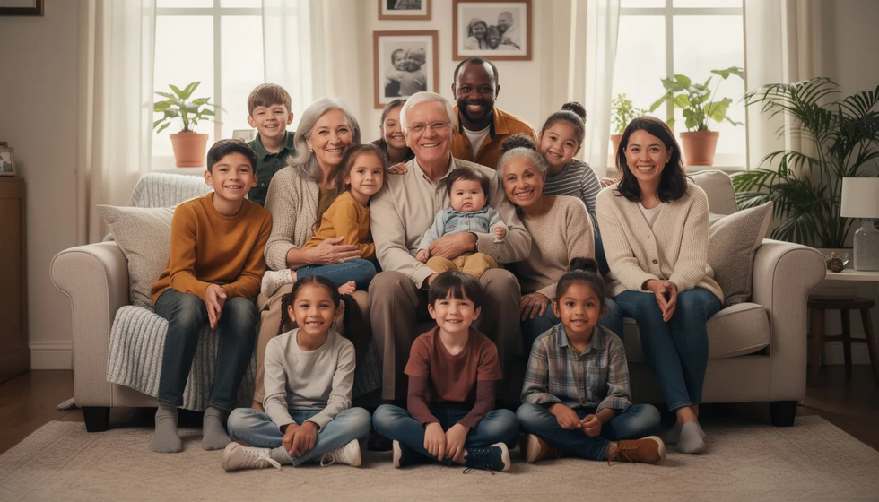 The image depicts a joyful multigenerational family gathering, with grandparents and grandchildren sitting together in a warm, inviting living room, sharing stories and laughter. This scene highlights the importance of family bonds, which can be essential in child custody matters, emphasizing the child's emotional well-being and the role of experienced child custody attorneys in navigating these relationships.
