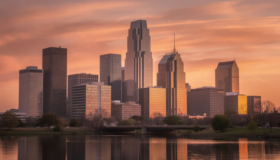 The image depicts the Houston city skyline at sunset, showcasing a vibrant array of colors as the sun dips below the horizon, casting a warm glow over the towering buildings. This scene captures the essence of Houston, a city where experienced child custody attorneys work diligently on child custody matters, ensuring the best interests of children and families are prioritized.