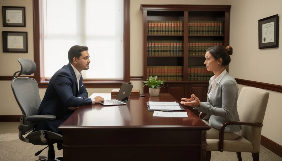 The image depicts a professional law office consultation room where two individuals are engaged in a discussion, likely regarding spousal maintenance or financial support during divorce proceedings. The atmosphere is formal and conducive to legal guidance, emphasizing the importance of understanding spousal support options under Texas law.