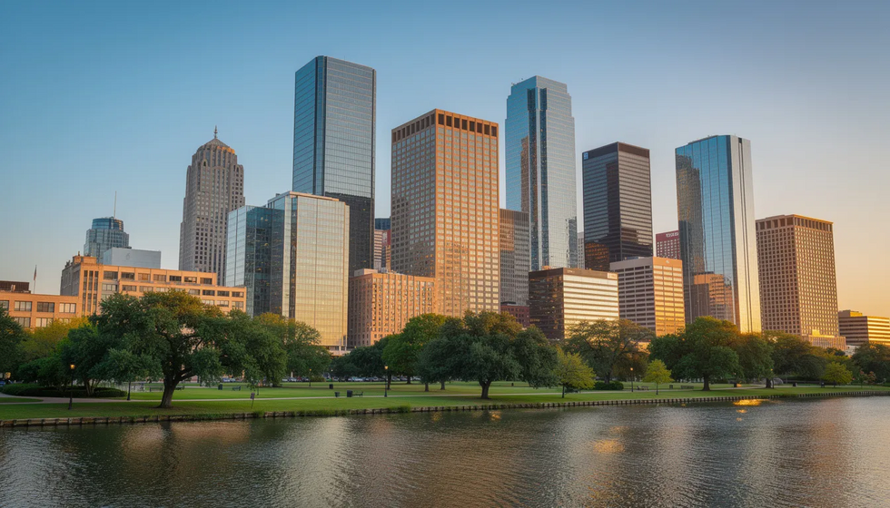 The image shows the Houston downtown skyline featuring modern skyscrapers, with a clear blue sky in the background. This vibrant cityscape reflects the bustling atmosphere of Houston, a place where individuals may seek legal guidance on matters such as spousal support and divorce proceedings.