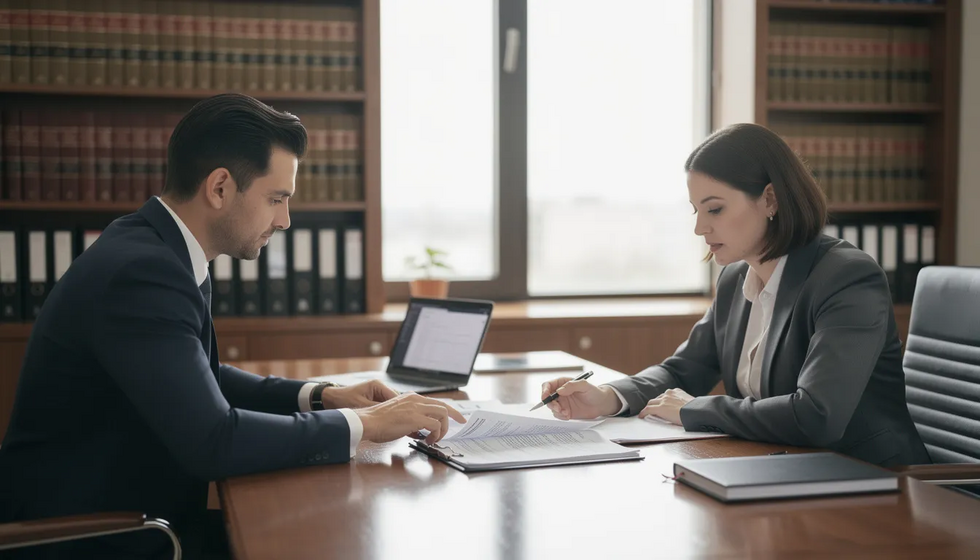 The image shows a lawyer sitting at a desk, carefully reviewing documents with a client, who appears to be seeking guidance on spousal maintenance and financial support during their divorce proceedings. The atmosphere suggests a professional setting where important discussions about spousal support and legal options are taking place.