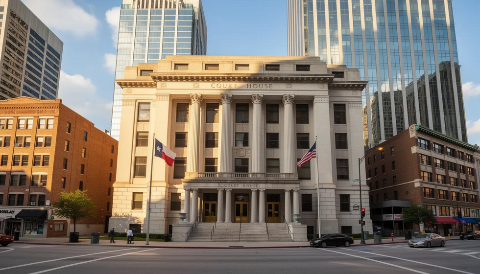 The image shows the Harris County Civil Courthouse in downtown Houston, Texas, a prominent building where various legal matters, including uncontested divorce cases, are handled. The courthouse features a classic architectural style, symbolizing the legal processes that take place within, such as child custody and property division.