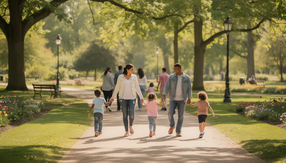 A family is enjoying a day in the park, with parents walking alongside their children, creating a joyful and peaceful atmosphere. This scene highlights the importance of family well-being, which can be a vital consideration during the divorce process, especially in matters like child custody and support arrangements.