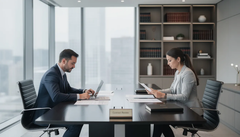 The image depicts a professional meeting in a modern law office where two individuals are engaged in a discussion while reviewing legal documents. This scene is representative of the legal counsel provided by a military divorce attorney in Houston, focusing on important aspects such as divorce proceedings, child custody, and the unique challenges faced by military families.