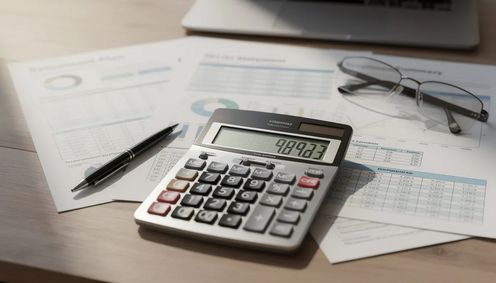 The image depicts a calculator alongside financial documents on a desk, symbolizing the process of retirement calculations for military families navigating divorce proceedings. This scene reflects the unique challenges faced by active duty service members and their spouses, highlighting the importance of legal guidance from a military divorce attorney in Houston.